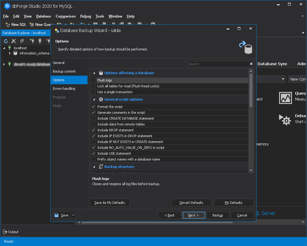 Screenshot showing the options pane of the Backup wizard.