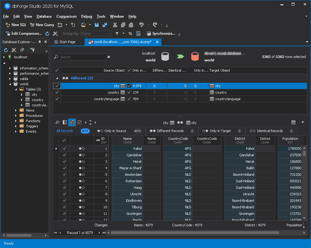 Screenshot showing the results of the data comparison.