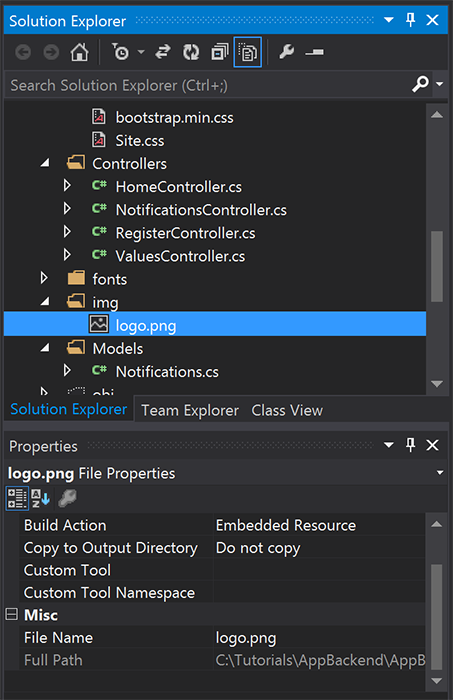 Screenshot of Solution Explorer. The image file is selected, and in its Properties pane, embedded resource is listed as the build action.