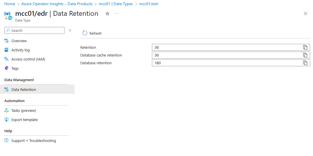 Captura de ecrã da página do portal de Retenção de Dados de Tipos de Dados.