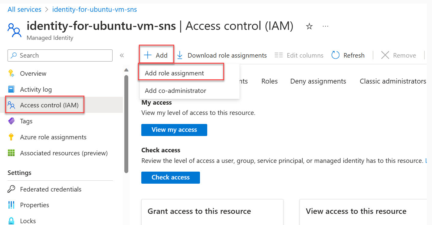 Captura de tela mostrando a identidade para ubuntu VM SNS adicionar atribuição de função.