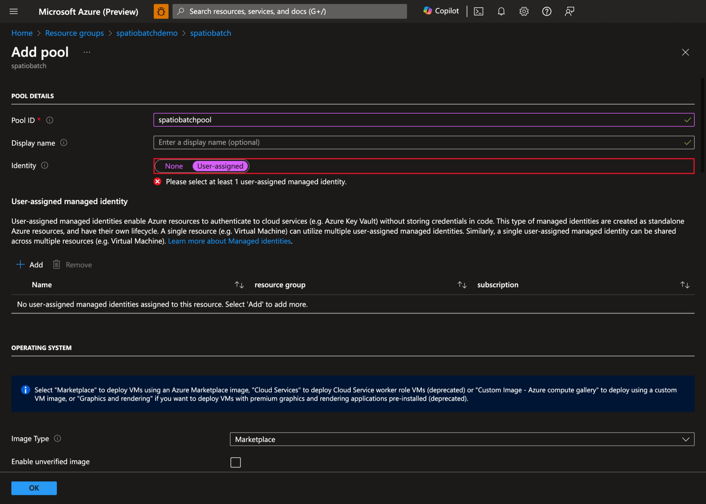 captura de tela do portal do Azure mostrando a página Adicionar Pool, onde os usuários podem definir configurações para um novo pool, incluindo identidade, sistema operacional e tamanho da VM.