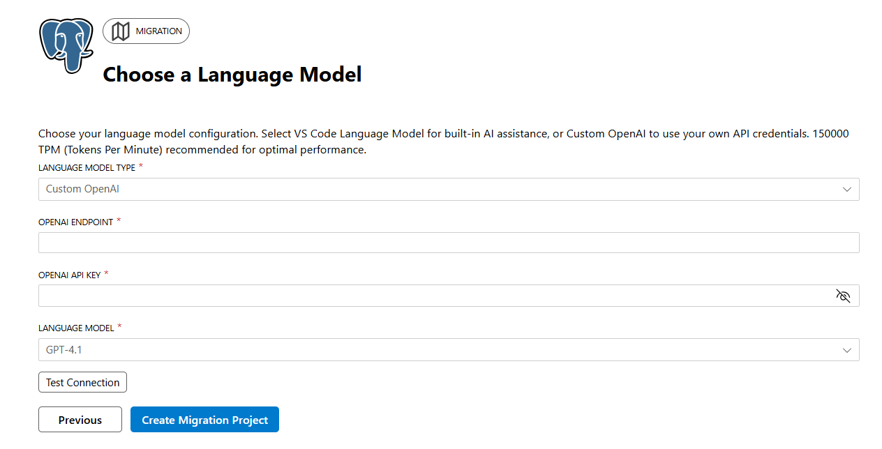 Captura de ecrã da configuração do modelo de linguagem.