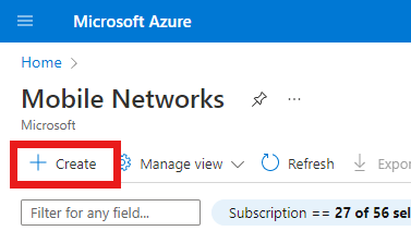 Captura de ecrã do portal do Azure a mostrar o botão Criar na página Redes Móveis.