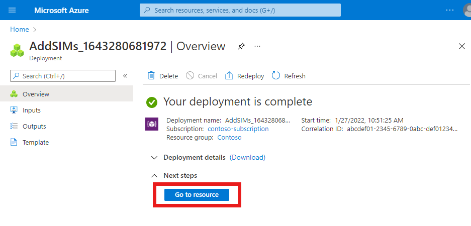 Captura de ecrã do portal do Azure a mostrar uma implementação concluída de um recurso SIM e o botão Ir para recurso.