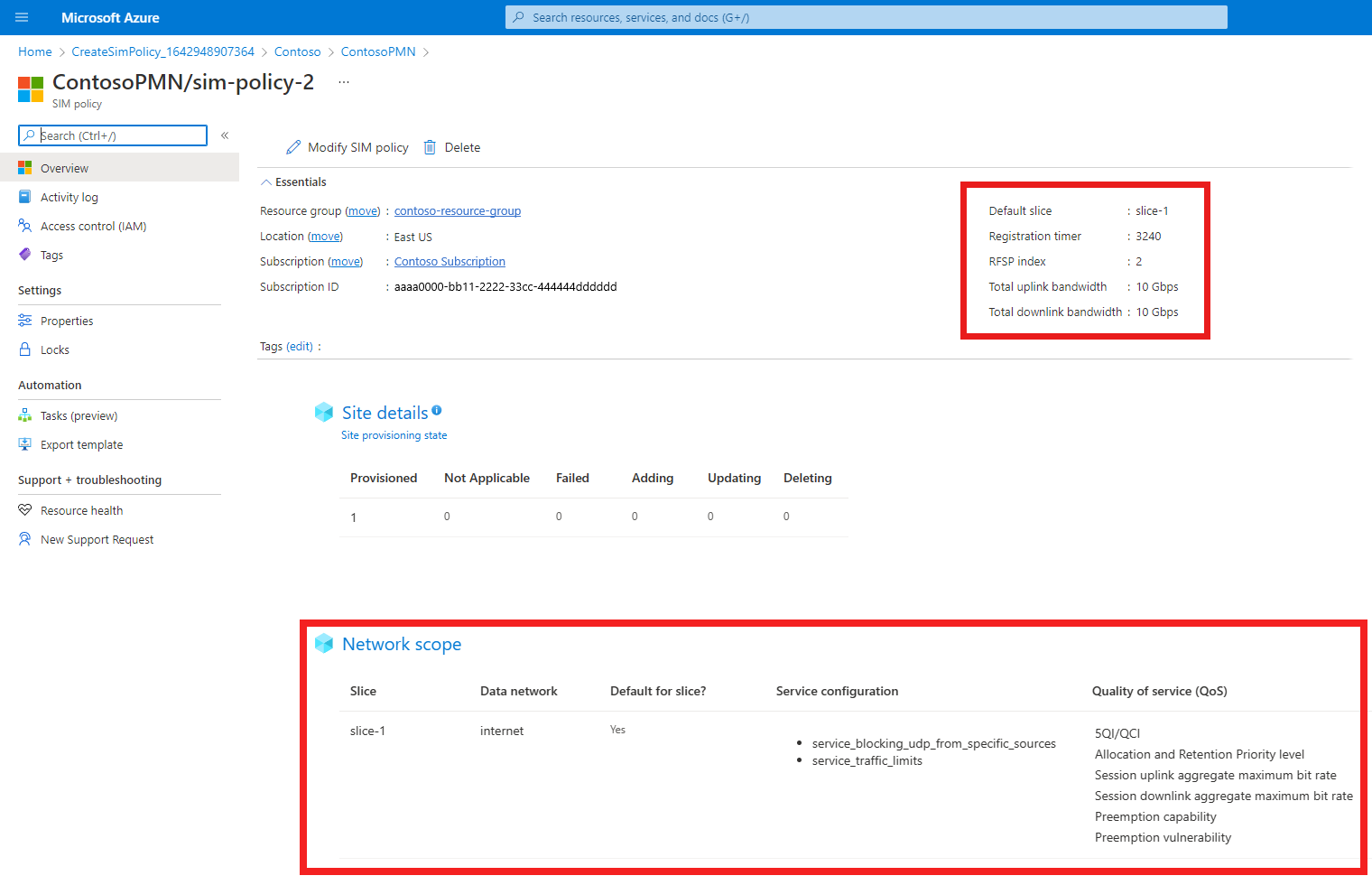 Captura de ecrã do portal do Azure a mostrar o segundo recurso de política do SIM. Os elementos essenciais, o âmbito de rede e a configuração do serviço estão realçados.