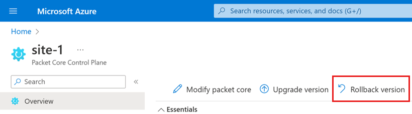 Screenshot of the Azure portal showing the Rollback version option.