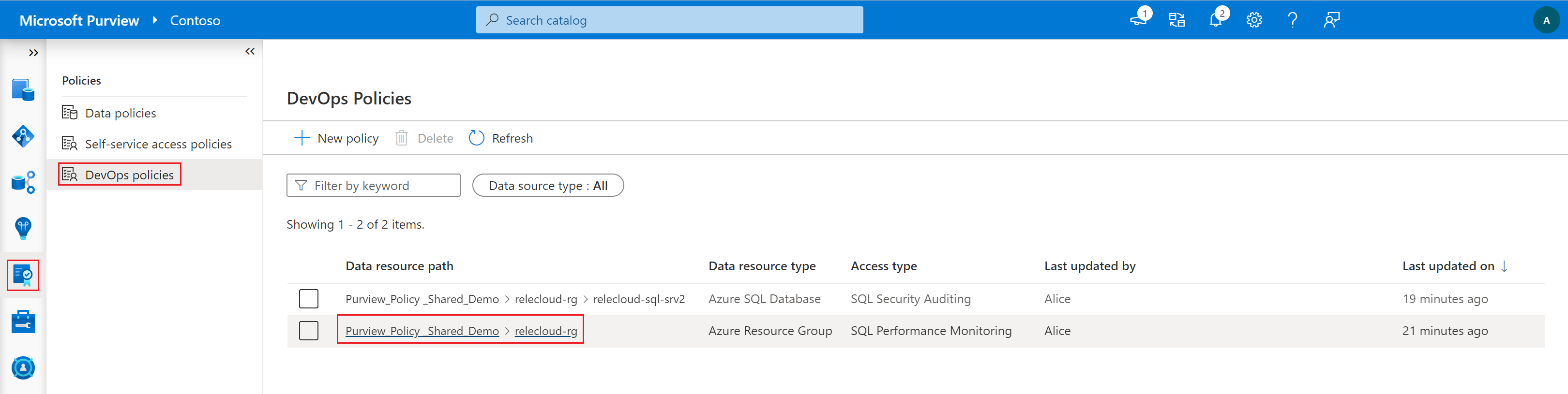 Captura de tela que mostra seleções para abrir políticas do SQL DevOps.