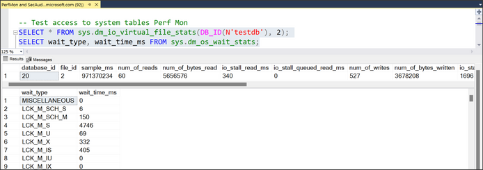 Captura de tela que mostra um teste para o SQL Monitor de Desempenho.