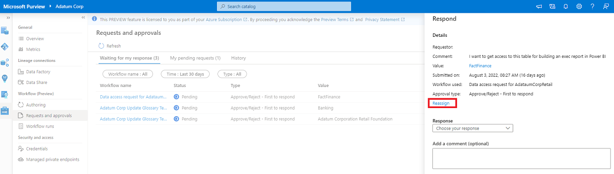 Captura de tela mostrando a tarefa selecionada e a página Responder está aberta, com detalhes, um status e um local para comentários e botão reatribuir.