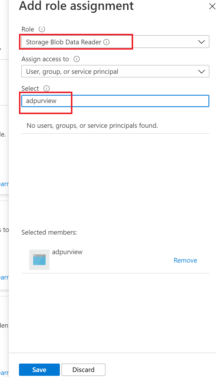 Captura de tela que mostra os detalhes para atribuir permissões para a conta do Microsoft Purview