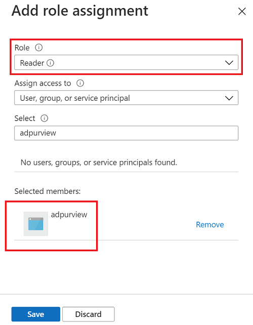 Captura de tela que mostra os detalhes para atribuir permissões para a conta do Microsoft Purview.