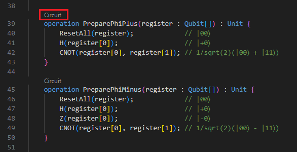 Captura de tela do Visual Studio Code mostrando como visualizar os Q# circuitos no painel de circuitos depois de depurar o programa.