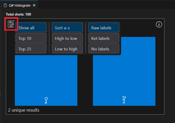 Captura de ecrã da janela histograma Q# no Visual Studio Code a mostrar como apresentar as definições.