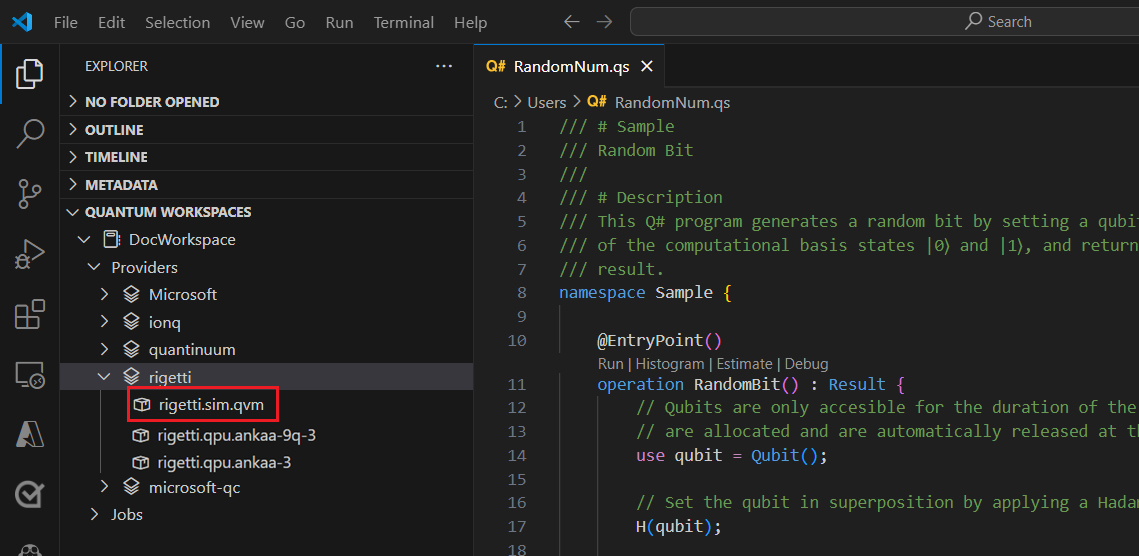 Captura de ecrã do Visual Studio Code a mostrar como selecionar simulador Rigetti como target.