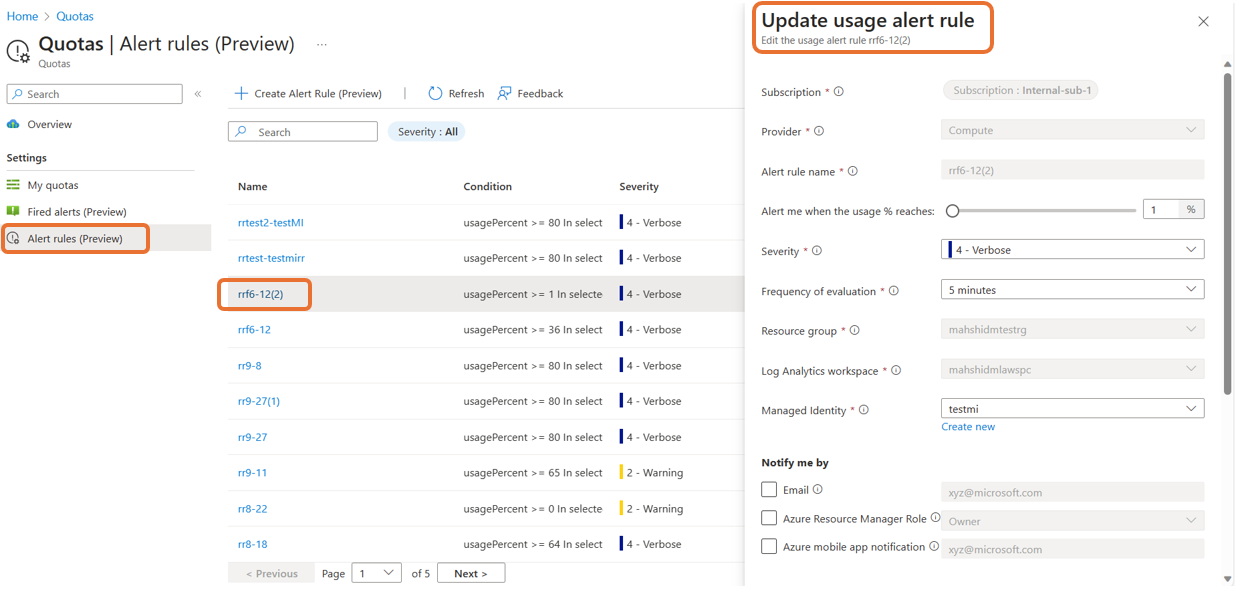 Captura de ecrã a mostrar como editar regras a partir do ecrã Regra de alerta no portal do Azure.