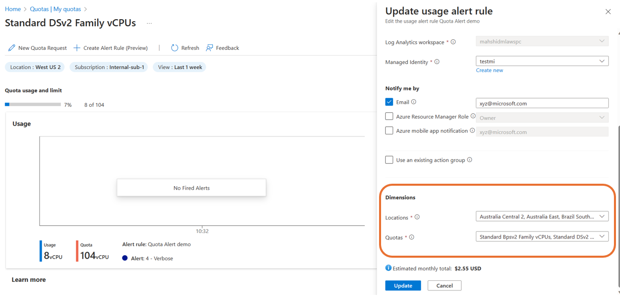 Captura de ecrã a mostrar como adicionar dimensões ao editar uma regra de quota no portal do Azure.