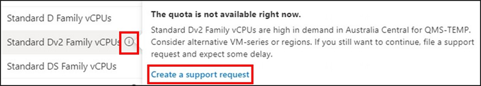 Captura de ecrã a mostrar uma quota que não está disponível no portal do Azure.