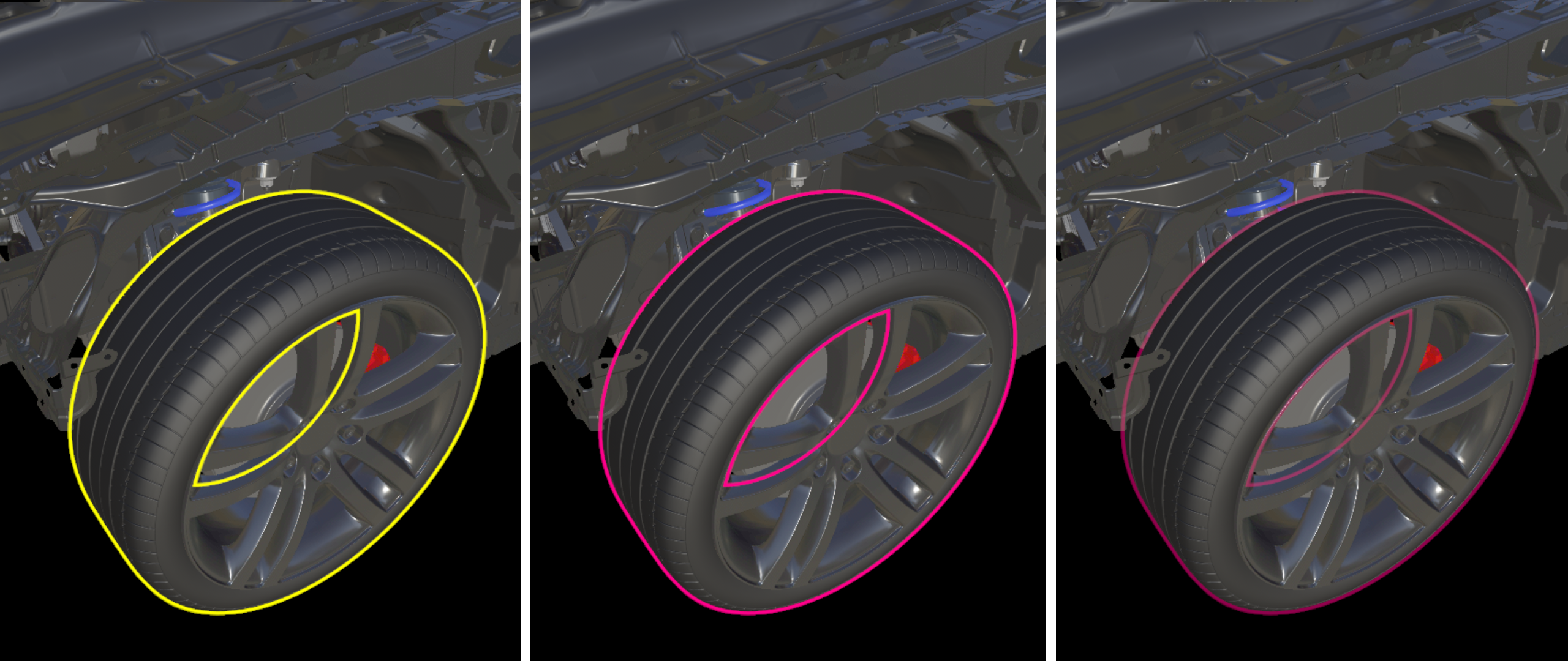 Um objeto renderizado três vezes com diferentes parâmetros de estrutura de tópicos