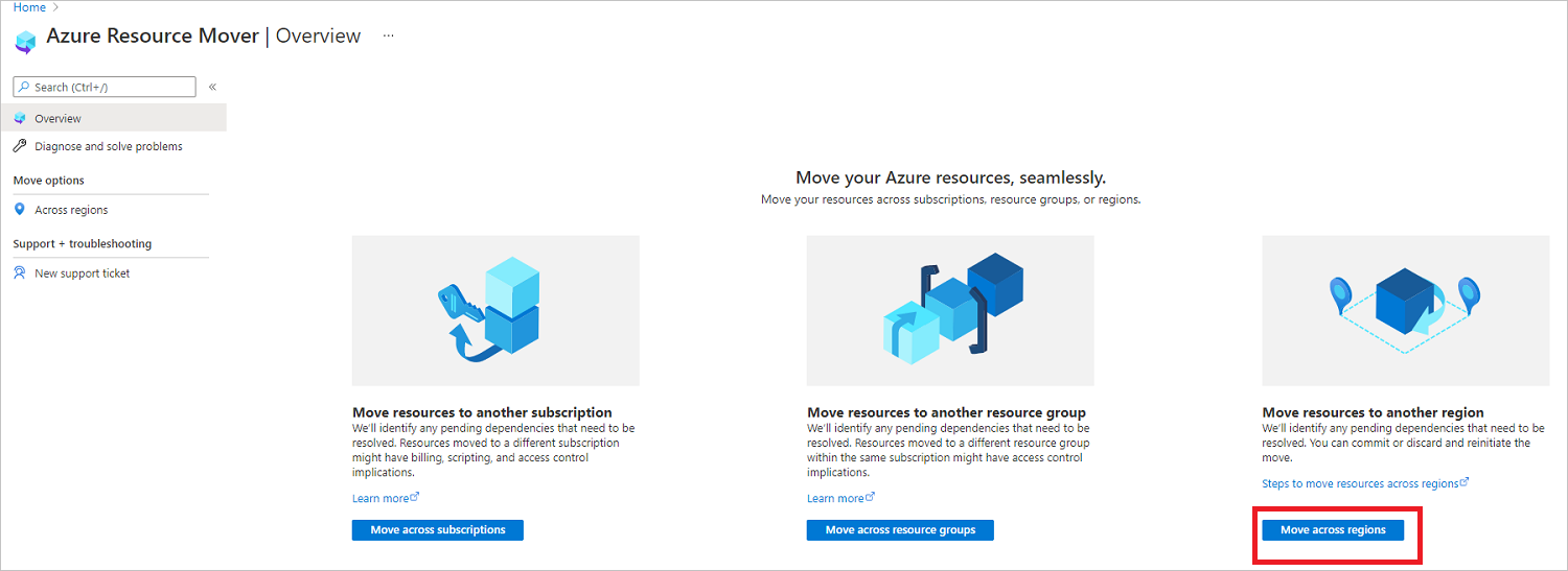 Captura de ecrã do botão 'Mover entre regiões' para adicionar recursos para mover para outra região.