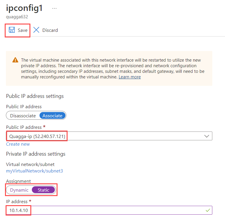 Captura de ecrã a mostrar a alteração das configurações de IP da VM de Quagga.