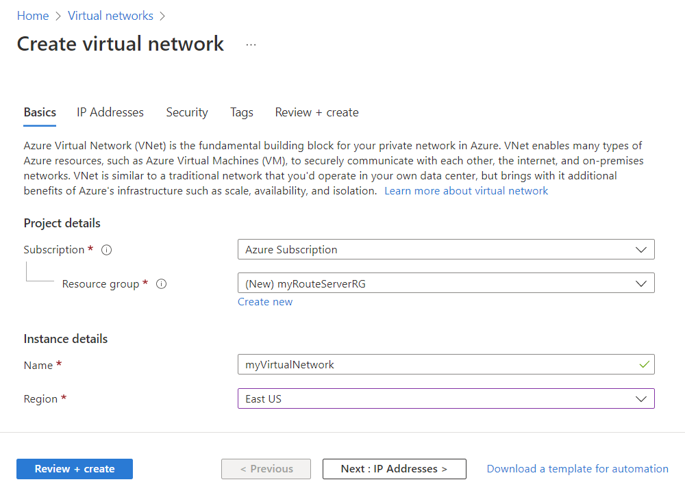 Captura de ecrã das definições básicas do separador para a rede virtual.