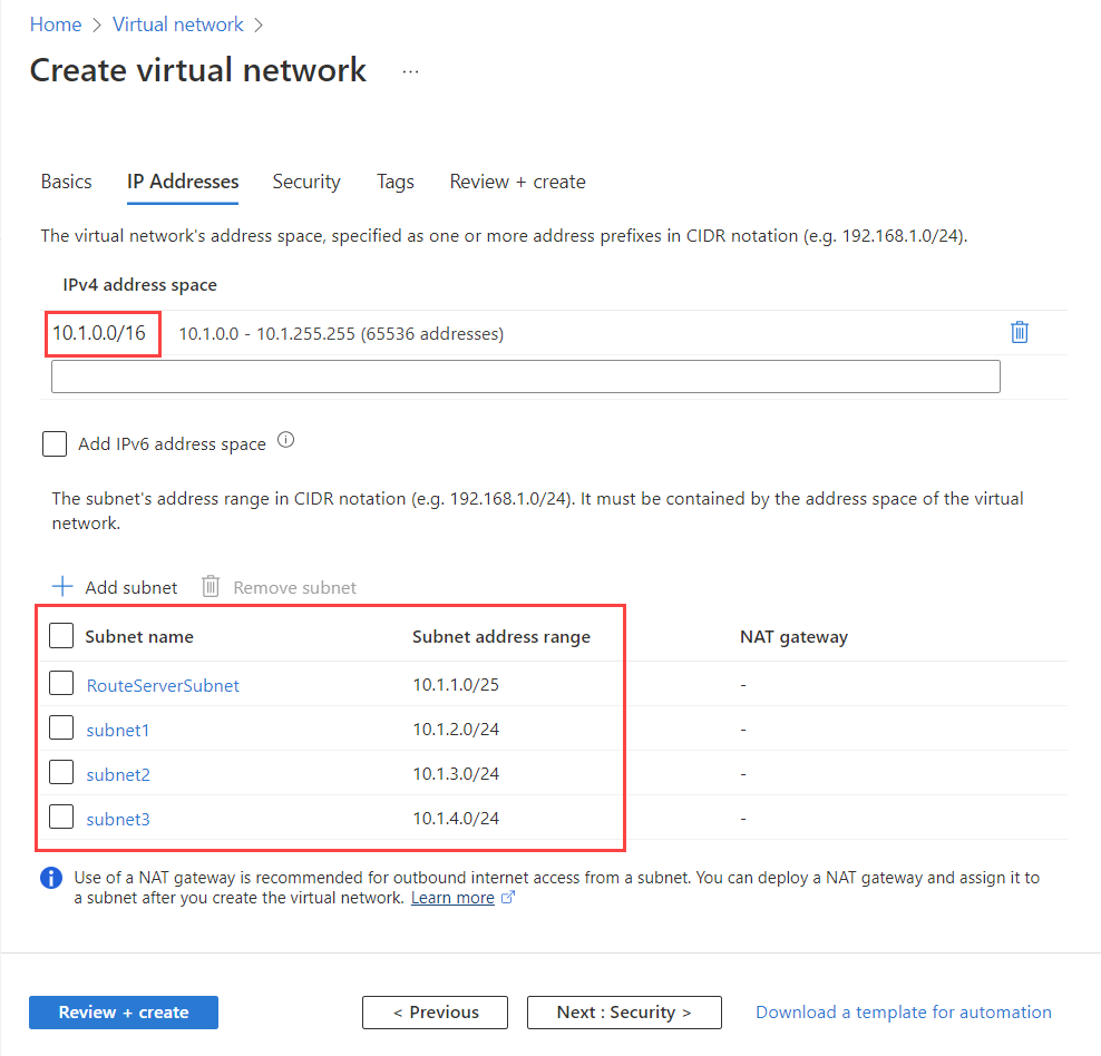 Captura de ecrã a mostrar as definições de endereços IP da rede virtual.