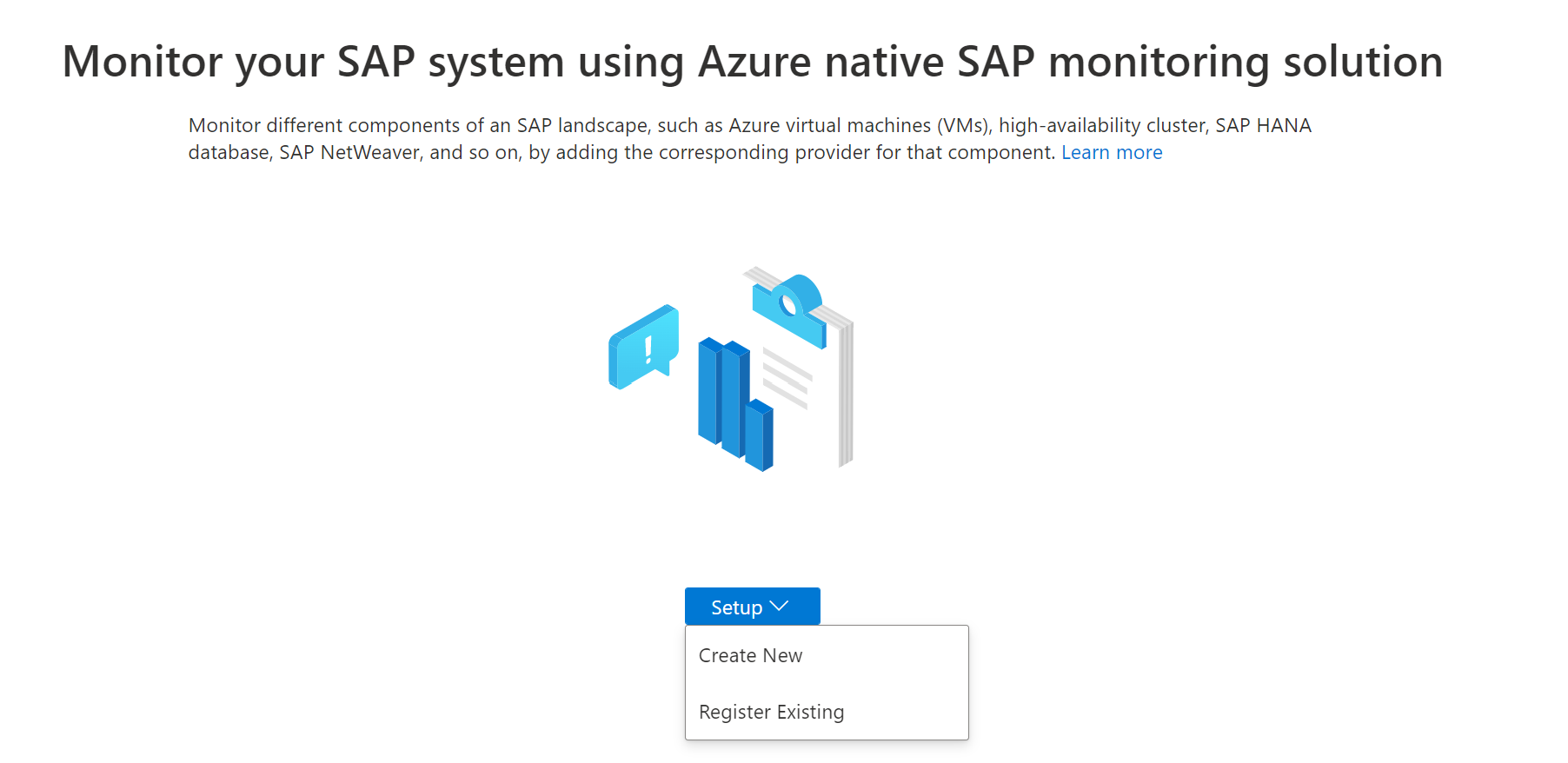 Screenshot of Azure Monitor for SAP solutions page inside a VIS resource in the Azure portal, showing the option to create or register a new instance.