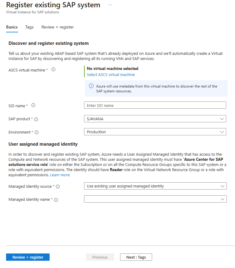 Screenshot of Azure Center for SAP solutions registration page, highlighting mandatory fields to identify the existing SAP system.