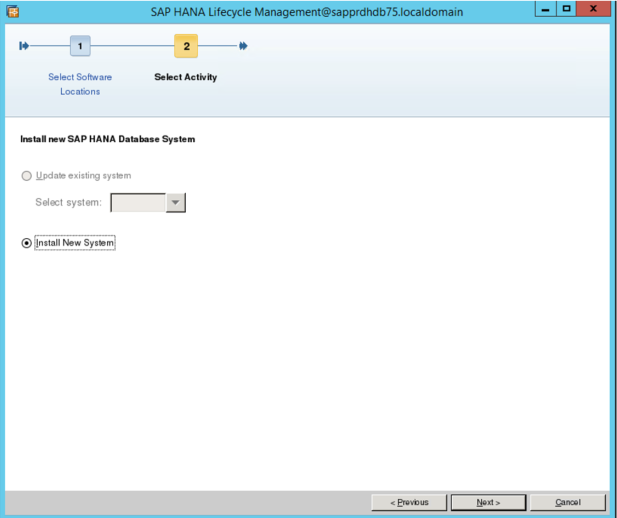 Captura de ecrã do ecrã Gestão do Ciclo de Vida do SAP HANA, com a opção Instalar Novo Sistema selecionada.