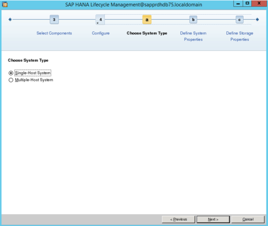 Captura de ecrã do ecrã Gestão do Ciclo de Vida do SAP HANA, com o Sistema anfitrião único selecionado.