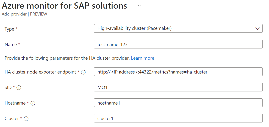 Diagrama que mostra a configuração de um recurso de soluções do Azure Monitor for SAP, mostrando os campos para clusters baseados em RHEL.