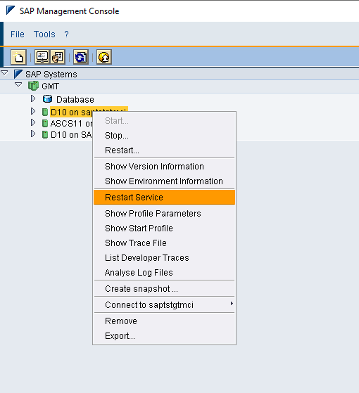 Screenshot of the MMC console, showing the Restart Service option being selected.