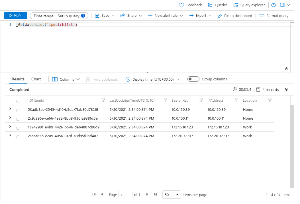 Captura de tela que mostra a consulta retorna os quatro itens da lista de observação.