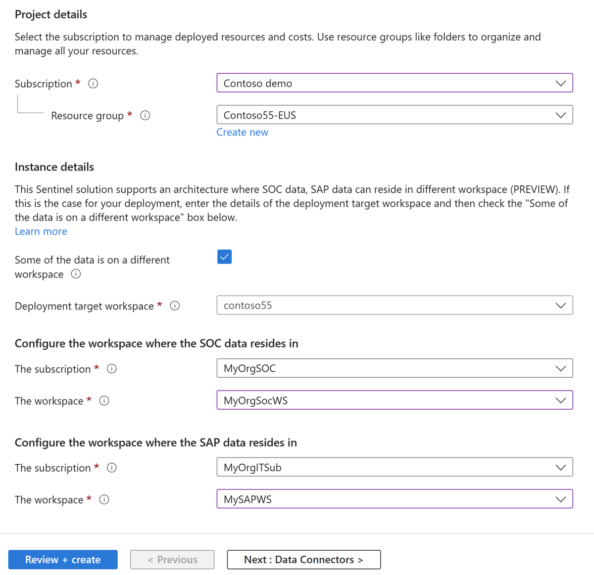 Screenshot that shows how to configure the Microsoft Sentinel solution for SAP applications to work across multiple workspaces.