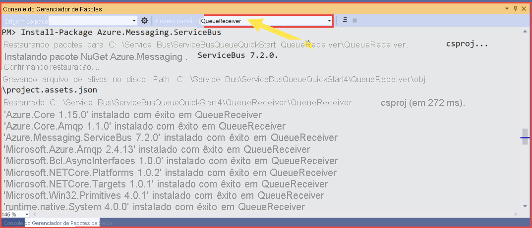 Captura de ecrã a mostrar o projeto QueueReceiver selecionado na Consola do Gestor de Pacotes.