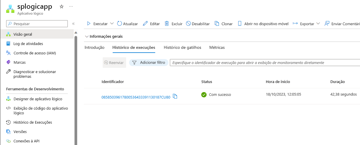 Captura de ecrã que mostra o histórico de execução da aplicação Lógica.