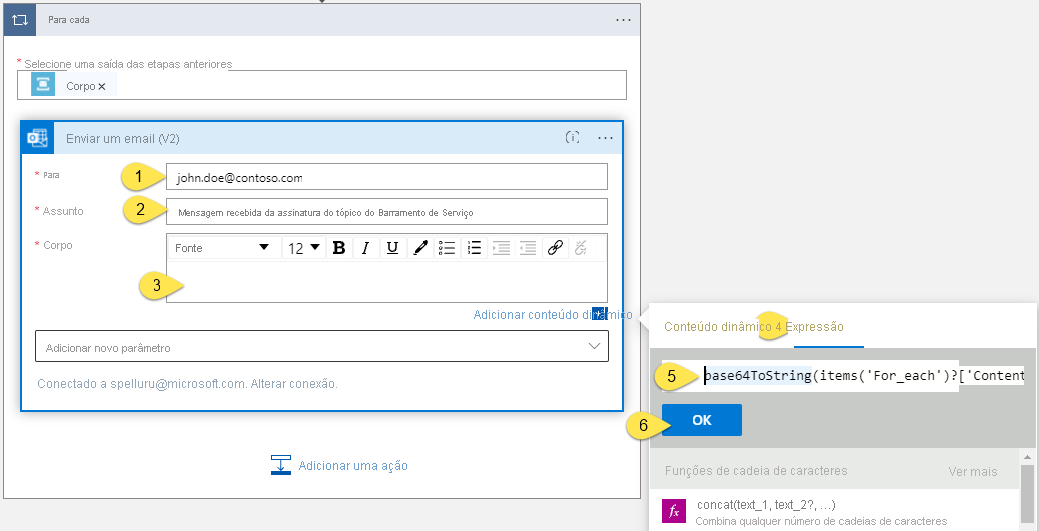 Captura de ecrã que mostra a expressão para Corpo da atividade Enviar um e-mail.