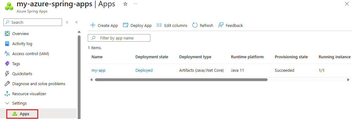 Captura de ecrã do portal do Azure, selecionando uma aplicação.