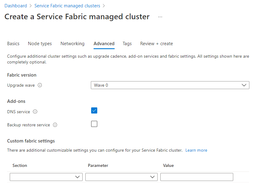 Escolher entre diferentes ondas disponíveis ao criar um novo cluster no portal do Azure a partir das opções 