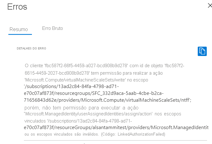 portal do Azure erro de implementação que mostra o cliente com o ID de objeto/aplicação do SFRP a não ter permissão para efetuar a atividade de gestão de identidades