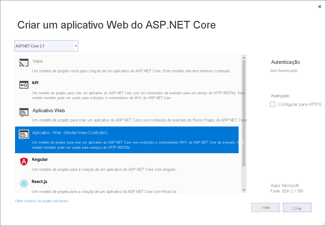 Escolher o tipo de projeto ASP.NET