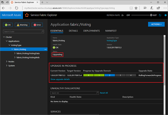 Screenshot of the Voting app in Service Fabric Explorer. An