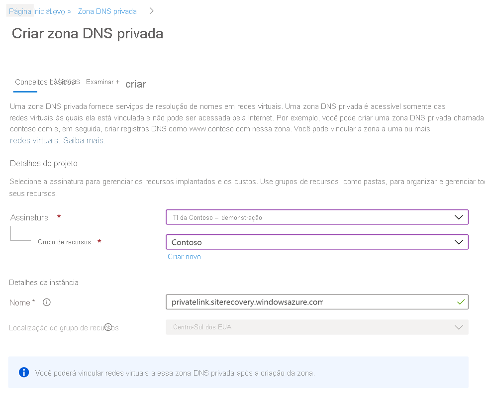 Screenshot that shows the Basics tab of the Create Private DNS zone page.