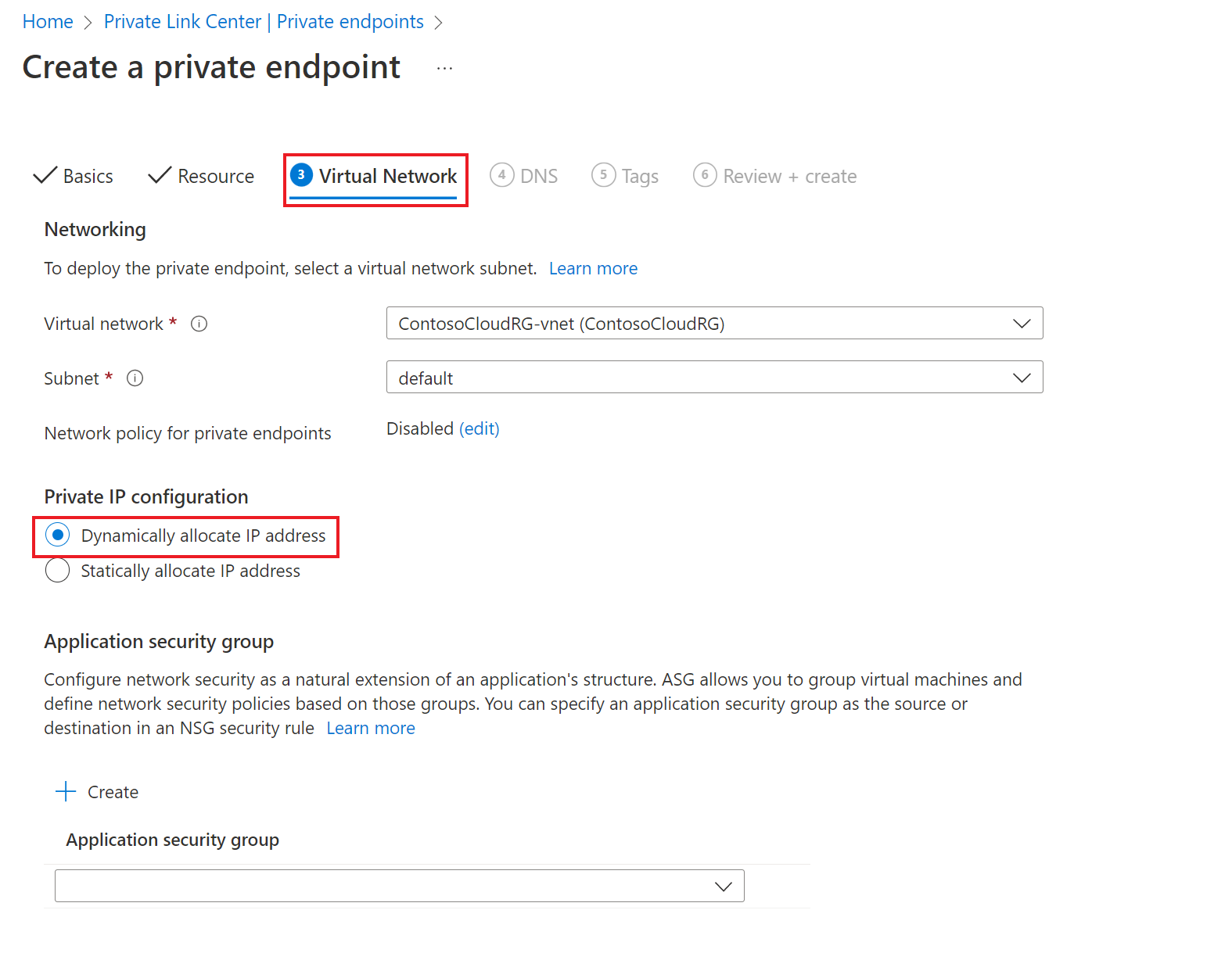 Screenshot that shows the Virtual network tab for linking to a private endpoint.