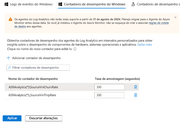 Captura de ecrã do ecrã de definições dos contadores.