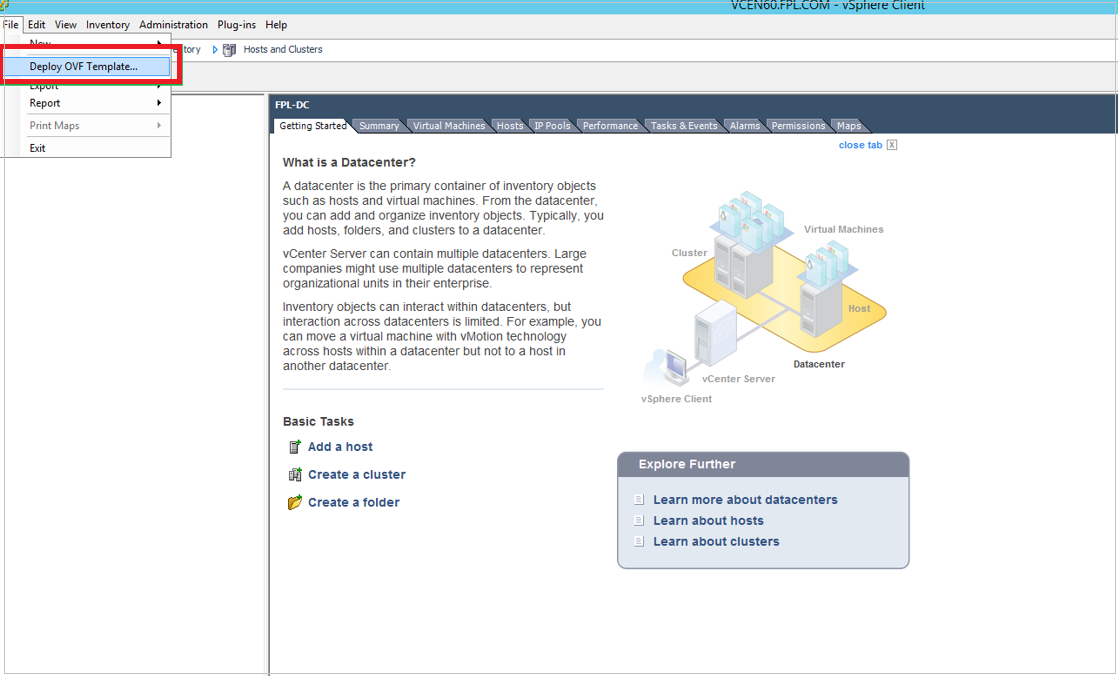 Screenshot do comando do modelo de implementação OVF no VMWare vSphere Client.