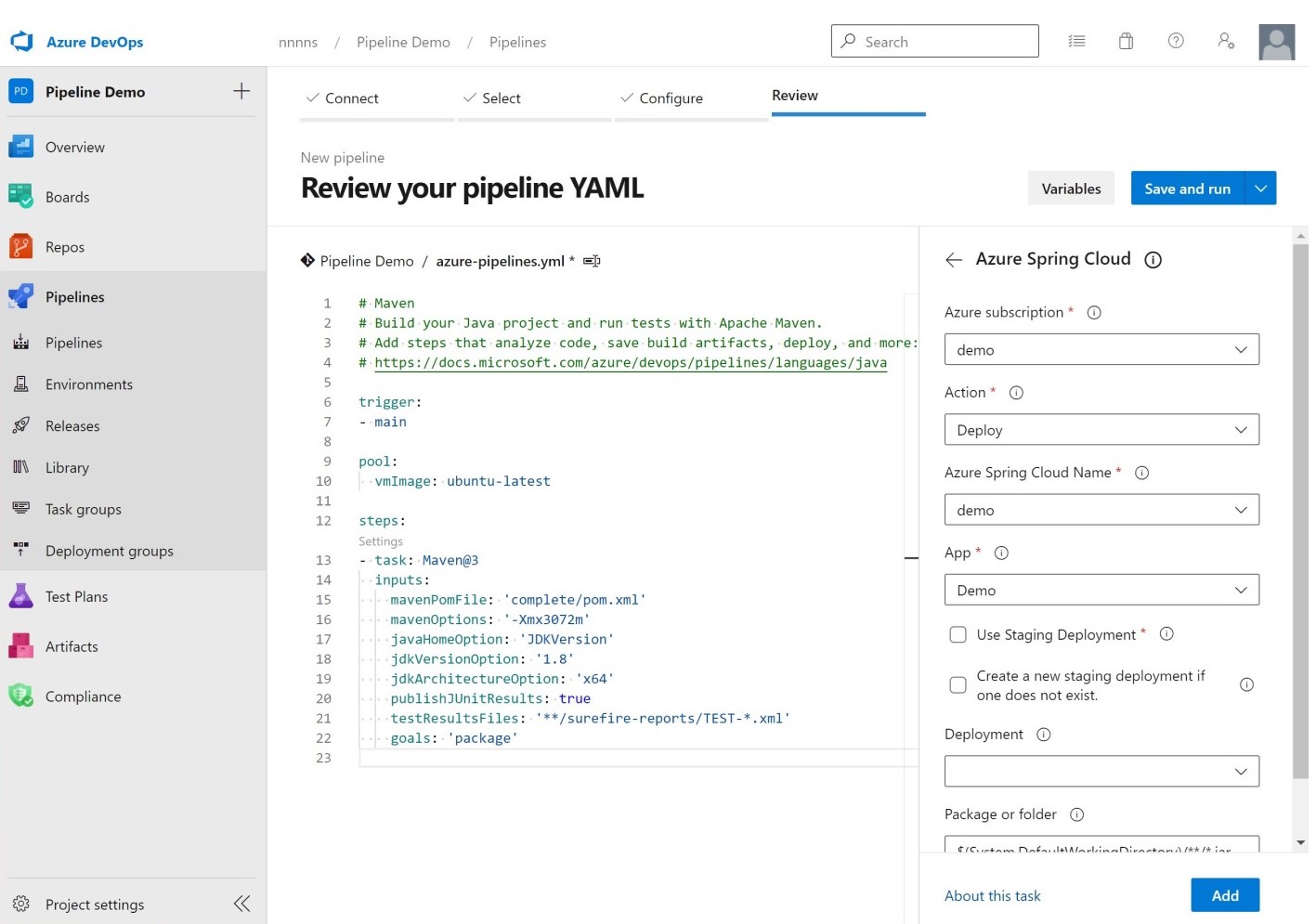 Captura de tela do Azure DevOps que mostra as novas configurações de pipeline.