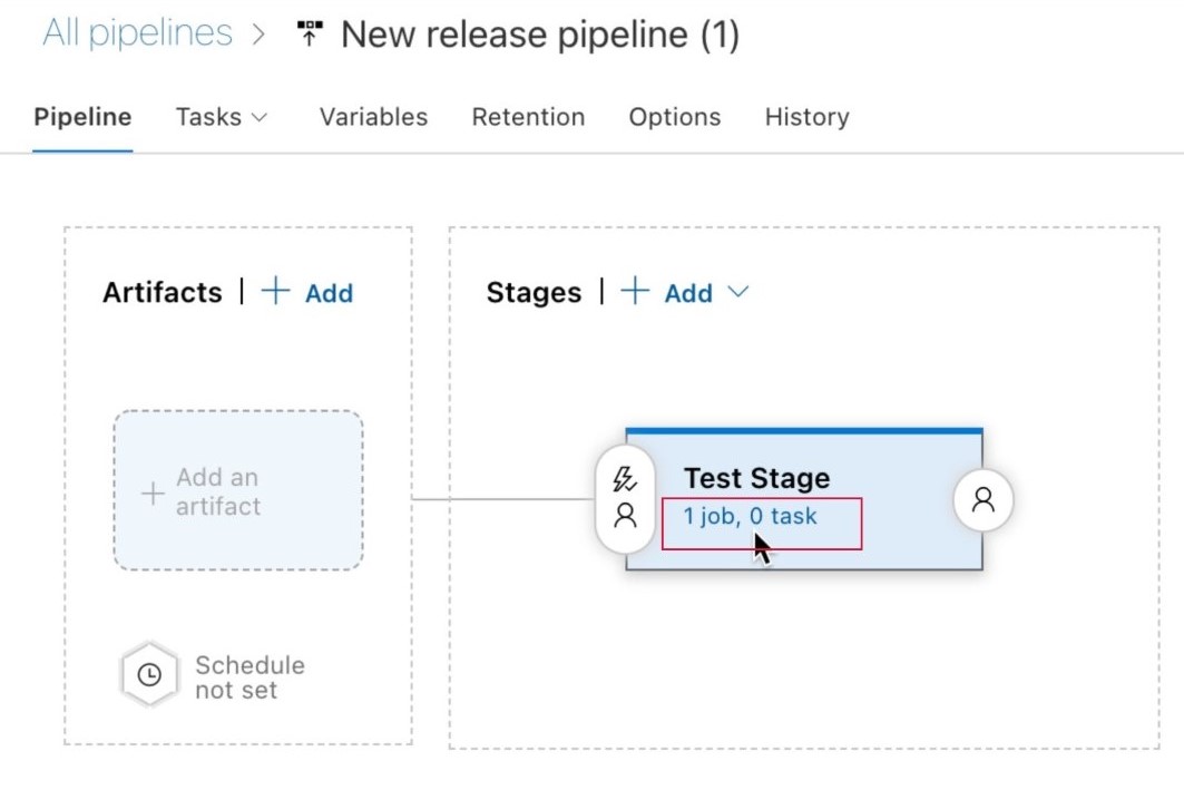Captura de ecrã do Azure DevOps que mostra o separador Pipelines com a ligação 1 trabalho, 0 tarefa realçada.