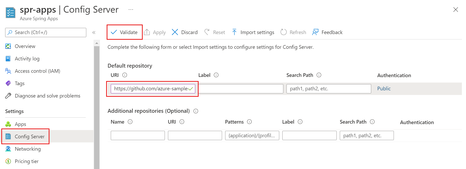 Screenshot de portal do Azure mostrando a página do Servidor Config.